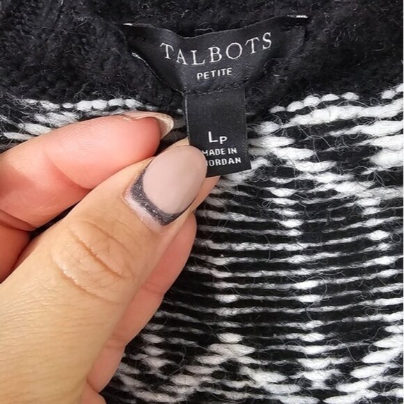 Talbots Fair Isle Sweater Lp Black White Fuzzy Nordick Ski Soft Wool Blend - Picture 4 of 11